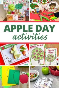 apple day activities for preschool and kindergarten. Images show apple dramatic play, apple day crowns, apple science investigation activities, apple cutting activities, and apple q-tip painting.