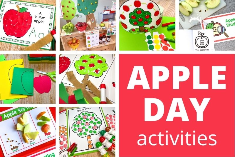 apple day activities for kids. The collage shows an letter A tearing papre activity, an apple orchard dramatic play area, an apple day crown, an apple investigation science activity, apple cutouts, apple dot marker activities, and more.