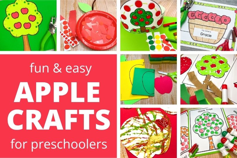 Fun and Easy Apple crafts for preschool - the collage includes a variety of apple craft ideas