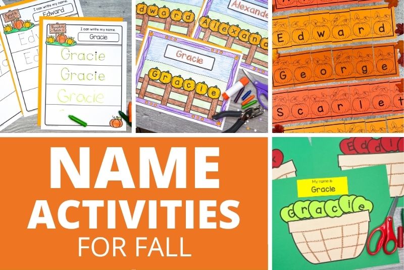 fall name activities and crafts for preschool and kindergarten kids. The images in the collage show a fall name tracing activity, a pumpkin name craft, a pumpkin name puzzle, and an apple name craft.