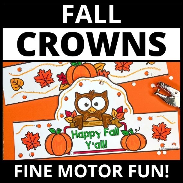 Brown owl surrounded by fall leaves and pumpkins on printable paper crown with 