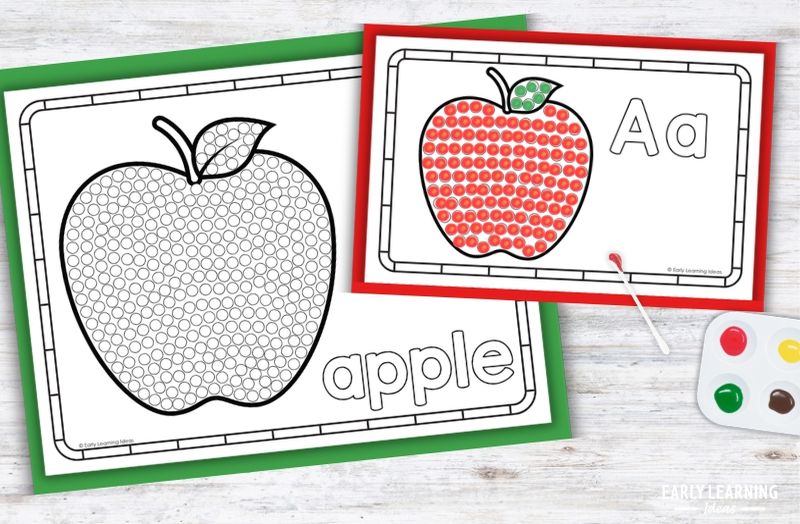 Letter A Q-tip painting printable with apple dot markers activity for preschool fine motor skills