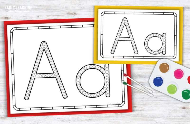 Letter A q-tip painting printable with dot-marker circles, paint palette, and cotton swabs for preschool fine motor practice