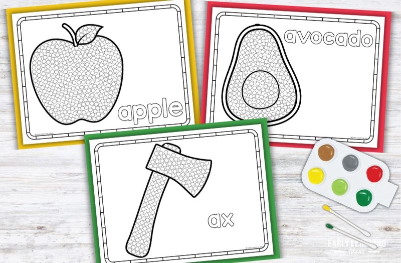 Letter A Q-tip painting printables for preschoolers featuring apple, avocado, and ax dot-art pages