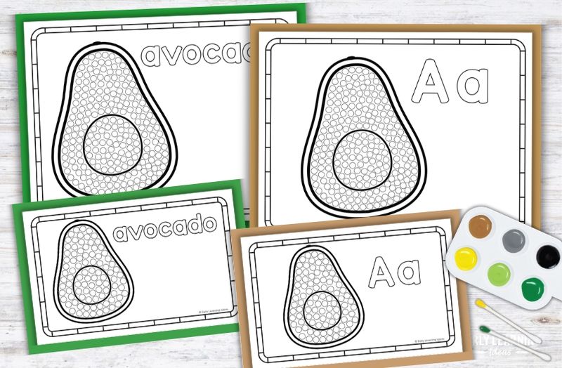 Letter A Q-tip painting printables with avocado design for preschool fine motor activities