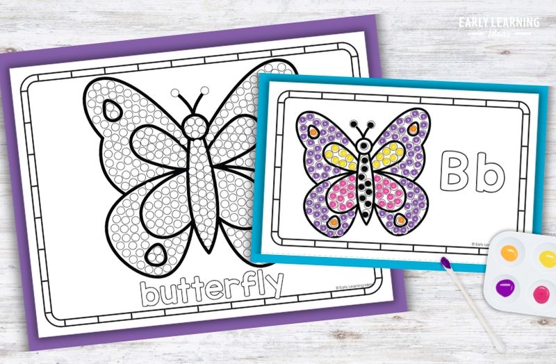 Letter B q-tip painting butterfly printable for preschool fine motor activities, blank and completed examples