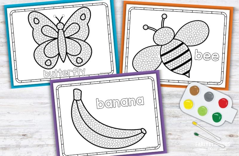 Letter B Q-tip painting printables featuring butterfly, bee, and banana designs with paint tray for preschoolers