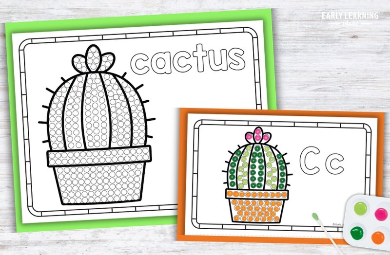 Letter C Q-tip painting printable with cactus dot art for preschool fine motor activities