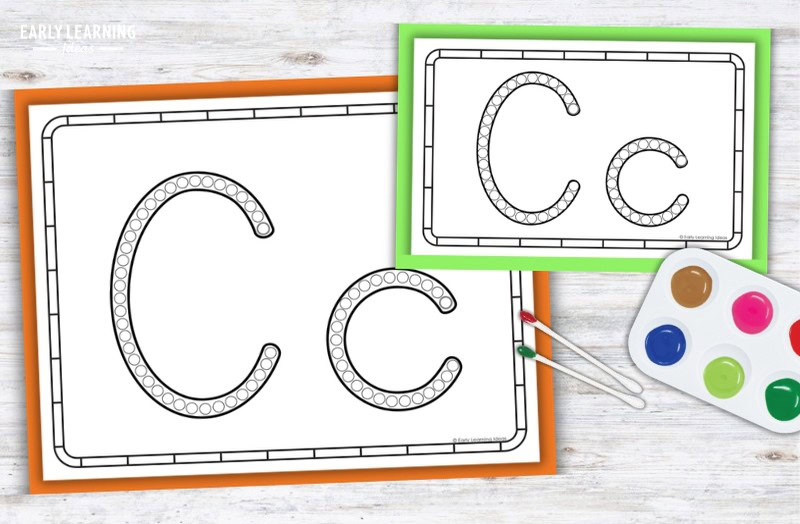 Letter C Q-tip painting printables with dot circles, paint palette and cotton swabs for preschool fine motor practice