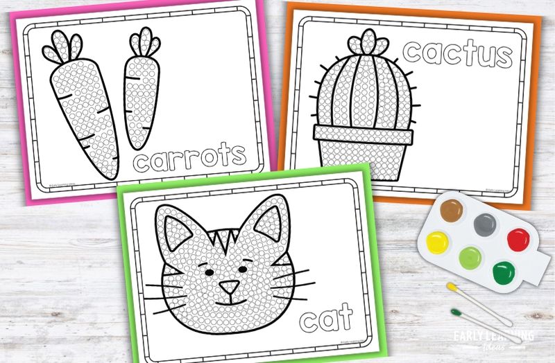 Letter C Q-tip painting printables: carrots, cactus, and cat dot art pages for preschool fine motor activities