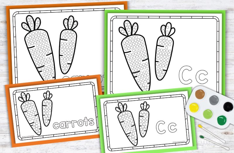 Letter C Q-tip painting printables with carrots, dot markers, and paint palette for preschool fine motor activities