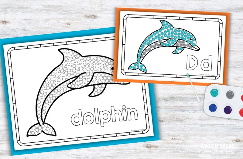 Letter D q-tip painting dolphin printable for preschool fine motor activities, blank and completed examples