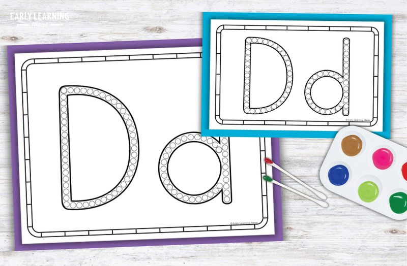 Letter D q-tip painting printables with dot templates and paint tray for preschool fine motor activity