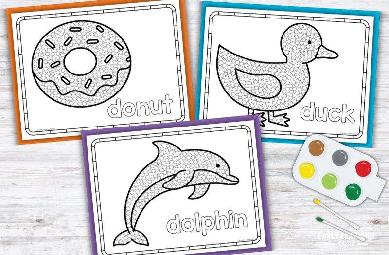 Letter D q-tip painting printables for preschoolers featuring donut, duck, and dolphin dot-marker pages