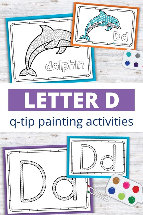 Letter D q-tip painting printables with dolphin design for preschool fine motor activities