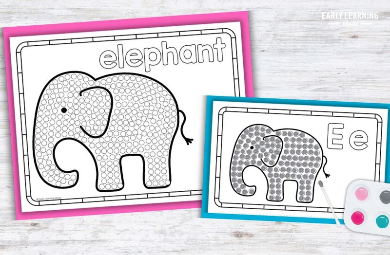 Letter E q-tip painting printable with elephant design for preschool fine motor activities