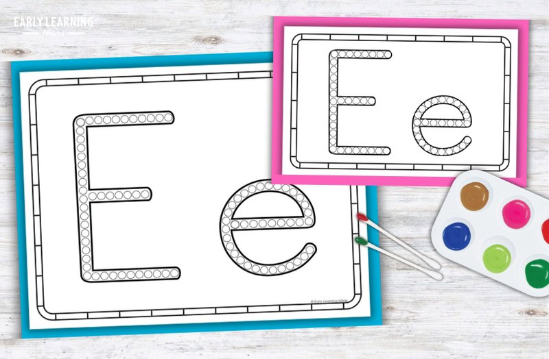 Letter E Q-tip painting printable with dot pages, cotton swabs, and paint for preschool fine motor practice