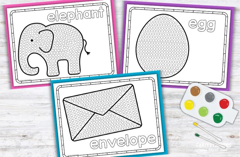 Letter E Q-tip painting printables: elephant, egg, and envelope pages for preschool fine motor activities