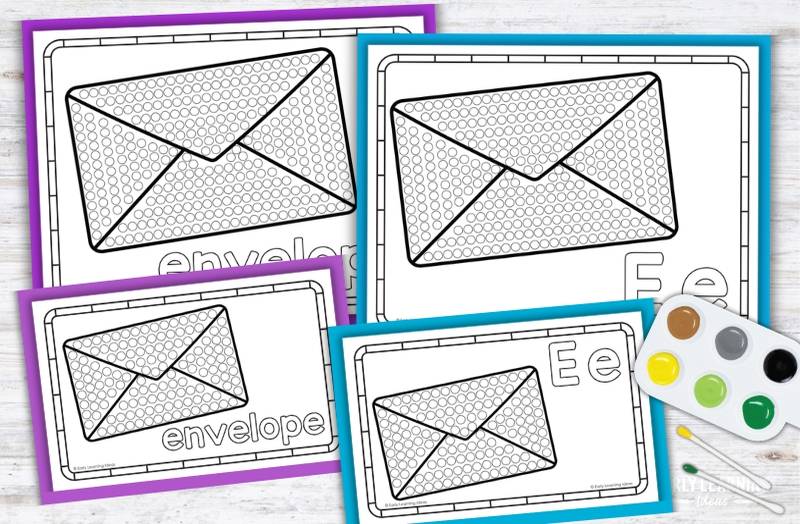 Letter E q-tip painting printables with envelope dot pages for preschool fine motor activities