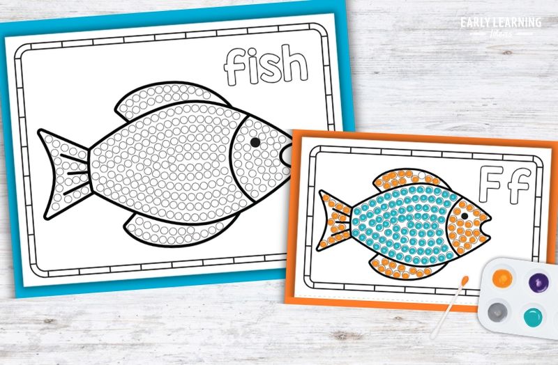 Letter F q-tip painting printable with fish design for preschool fine motor activity, blank and completed examples
