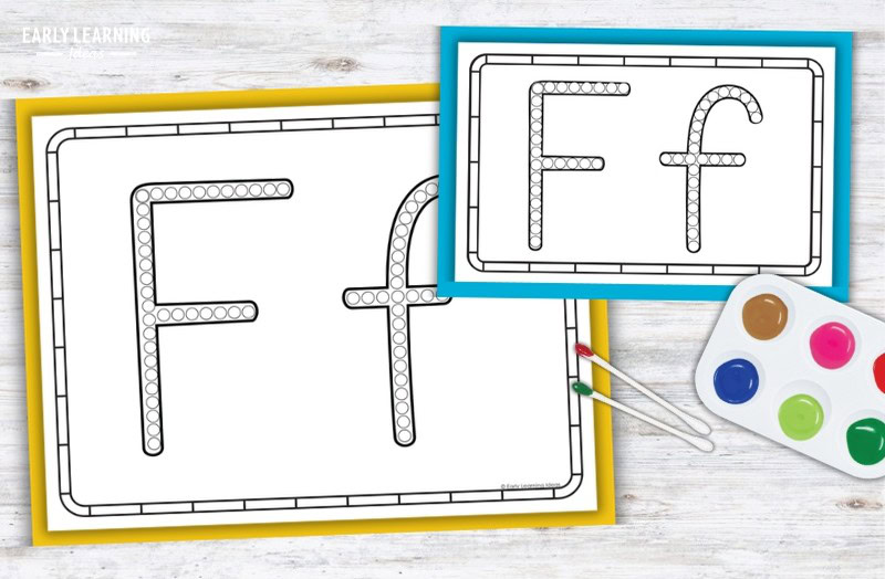 Letter F Q-tip painting printables with dot-marked outlines, paint palette, and cotton swabs for preschoolers