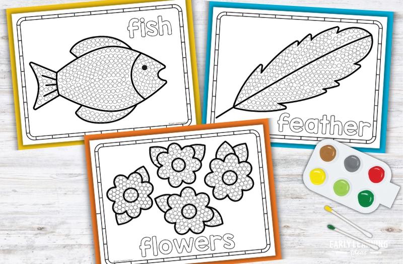 Letter F Q-tip painting printables featuring fish, feather, and flowers for preschool fine motor activities