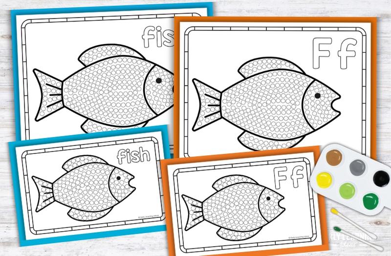 Letter F q-tip painting printables with fish designs for preschool fine motor activities