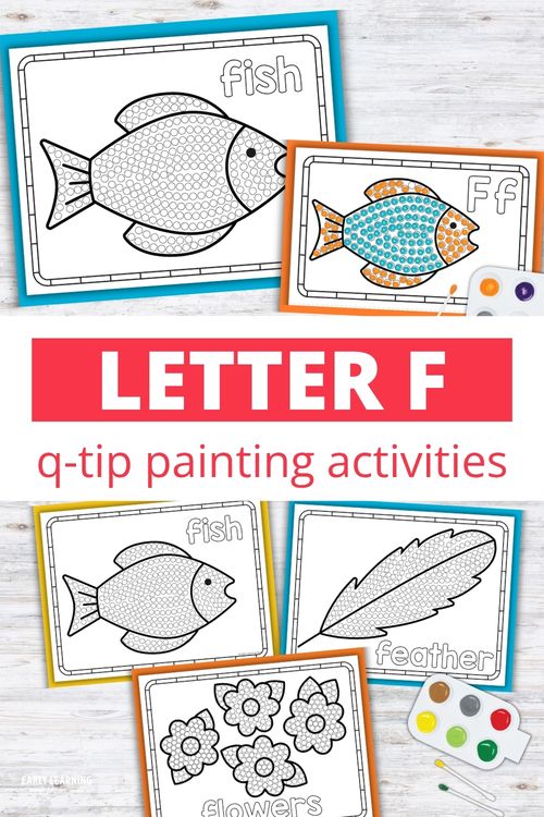 Letter F q-tip painting printables with fish, feather, and flowers for preschool fine motor activities