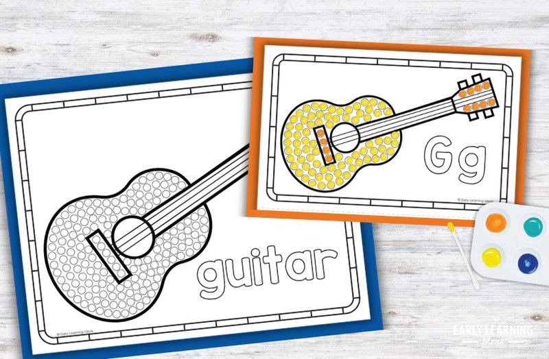 Letter G Q-tip painting printable with guitar design for preschool fine motor activity