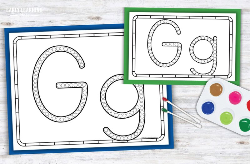 Letter G q-tip painting printables with dot-marked outlines, paint palette, and cotton swabs for preschool fine motor practice