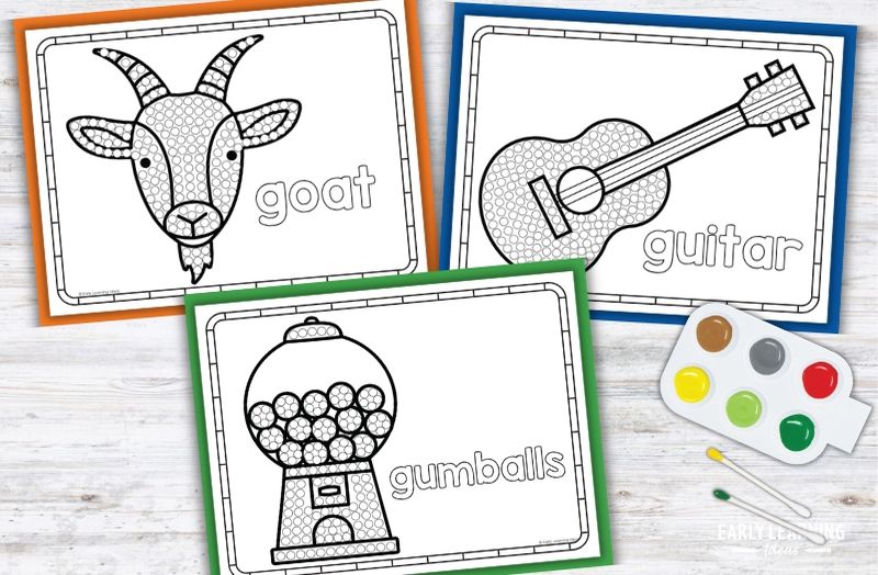 Letter G Q-tip painting printables for preschoolers featuring goat, guitar, and gumballs designs