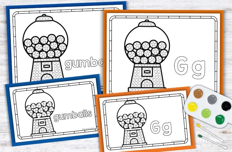 Letter G Q-tip painting printables with gumball machine designs for preschool fine motor activities