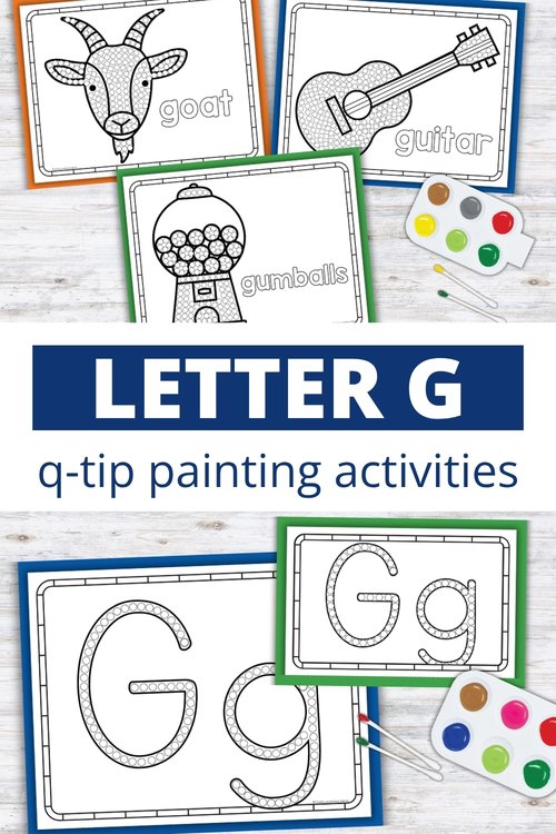 Letter G q-tip painting printables with goat, guitar, gumballs, and Gg letter pages for preschool fine motor practice