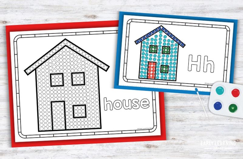 Letter H q-tip painting printable with house dot art, preschool fine motor activity