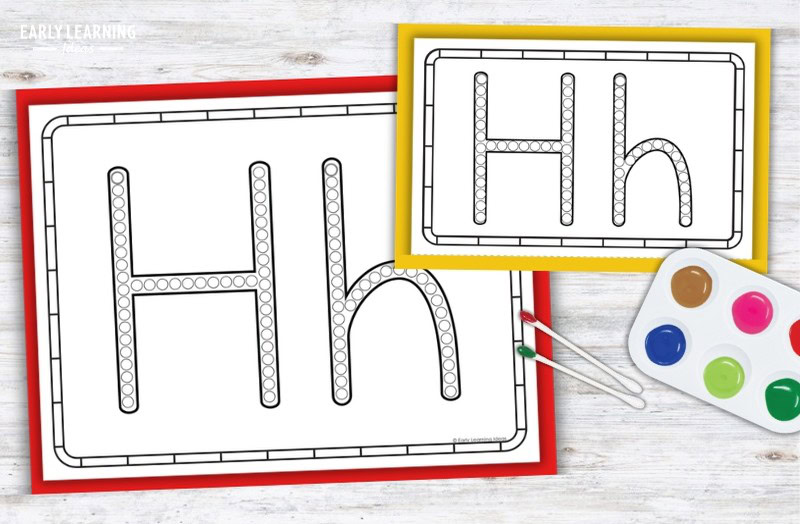 Letter H Q-tip painting printable pages with dot markers and paint tray for preschool fine motor activity