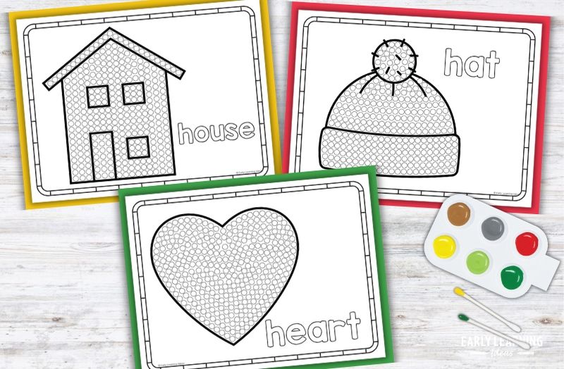 Letter H Q-tip painting printables: house, hat, and heart dot art pages for preschool fine motor activities