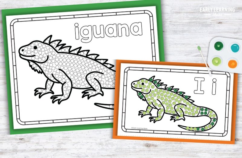 Letter I q-tip painting printable with iguana dot art for preschool fine motor activities