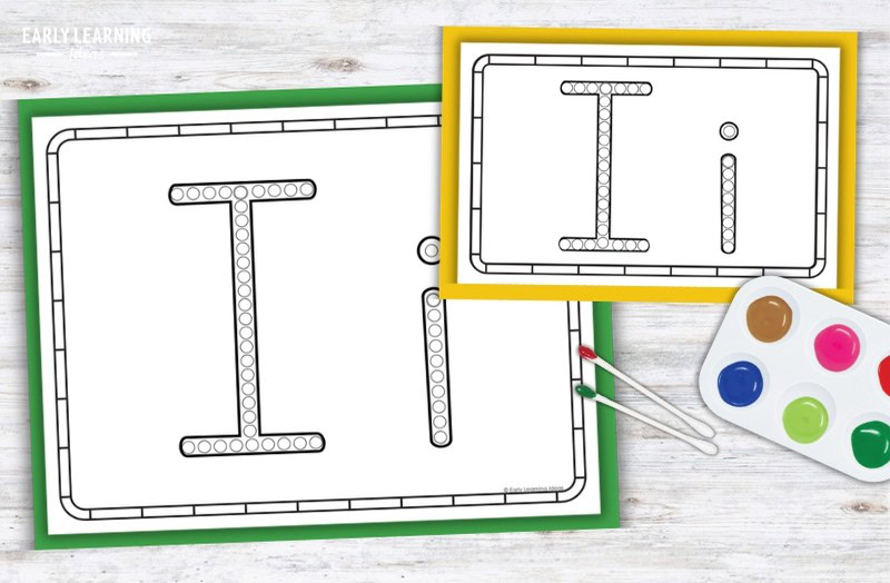 Letter I q-tip painting printable pages with paint palette, ideal for preschool fine motor activities