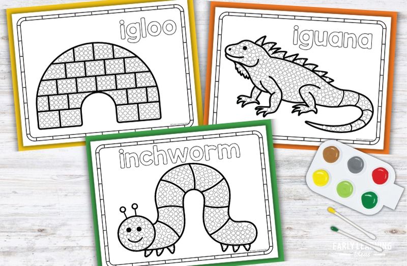 Letter I q-tip painting printables: igloo, iguana, and inchworm dot art pages for preschool fine motor activities