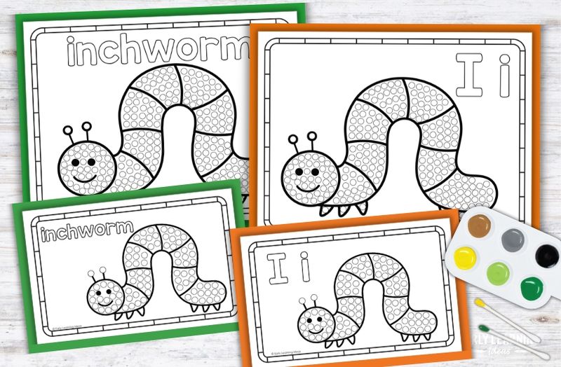 Letter I q-tip painting printables with inchworm design for preschool fine motor activities