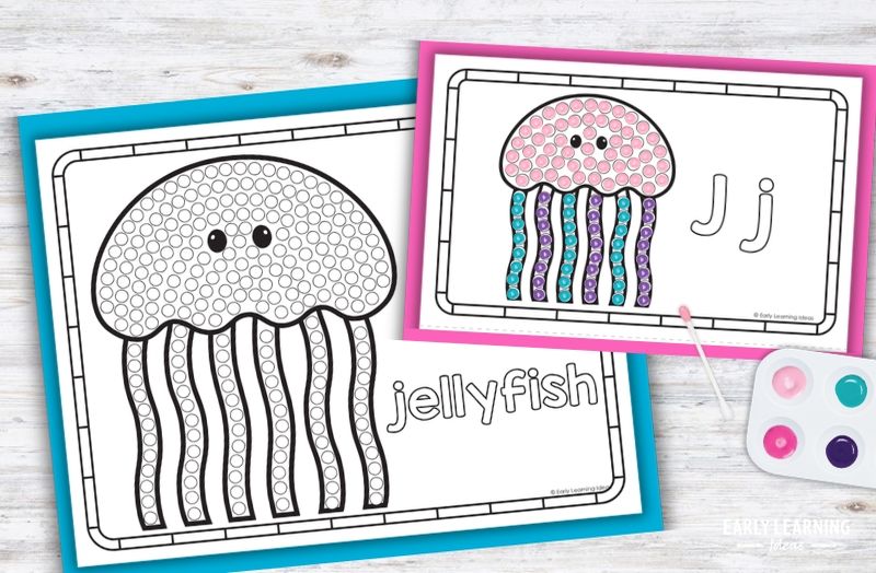 Letter J Q-tip painting printable with jellyfish dot art for preschool fine motor activities