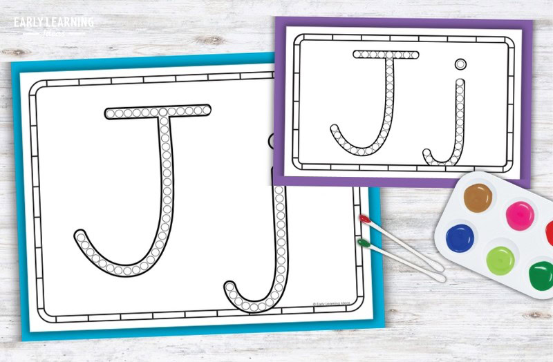 Letter J Q-tip painting printables with dot markers, paint palette, and cotton swabs for preschool fine motor practice