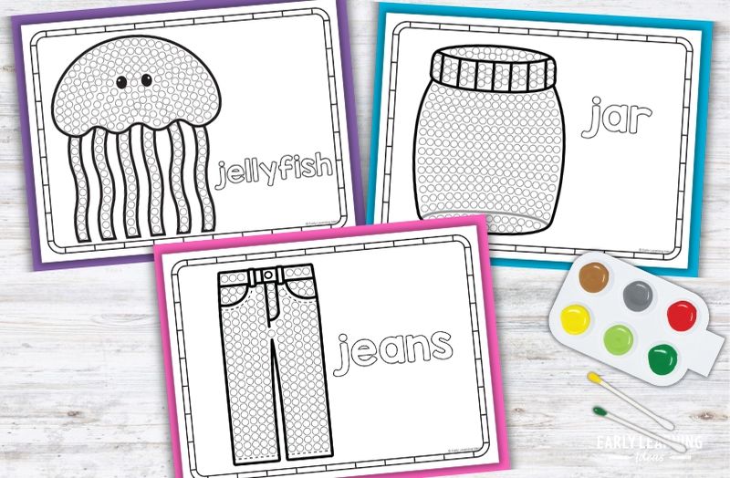 Letter J q-tip painting printables featuring jellyfish, jar, and jeans for preschool fine motor activities