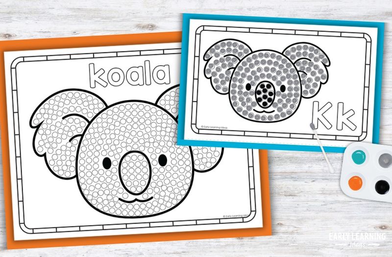 Letter K q-tip painting printable with koala design for preschool fine motor activities