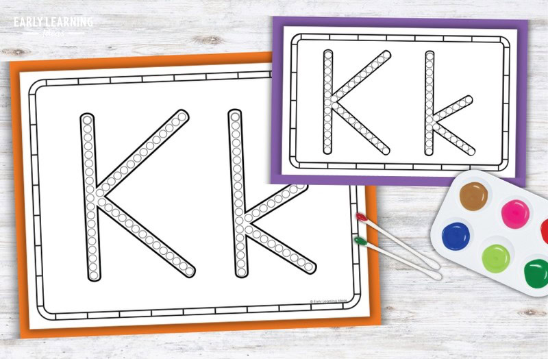 Letter K Q-tip painting printable with dot markers and paint palette for preschool fine motor activity