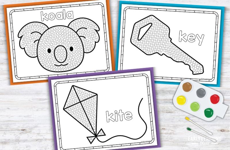 Letter K Q-tip painting printables for preschoolers featuring koala, key, and kite dot-painting pages