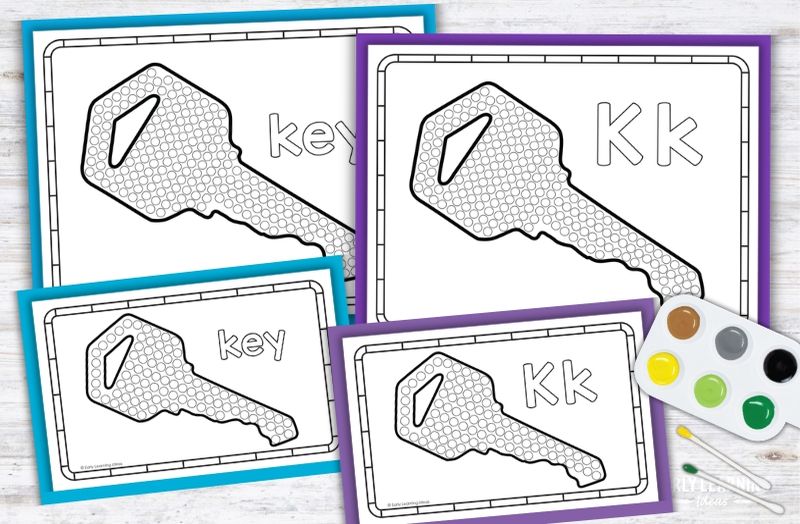 Letter K q-tip painting printables with key coloring pages for preschool fine motor activities