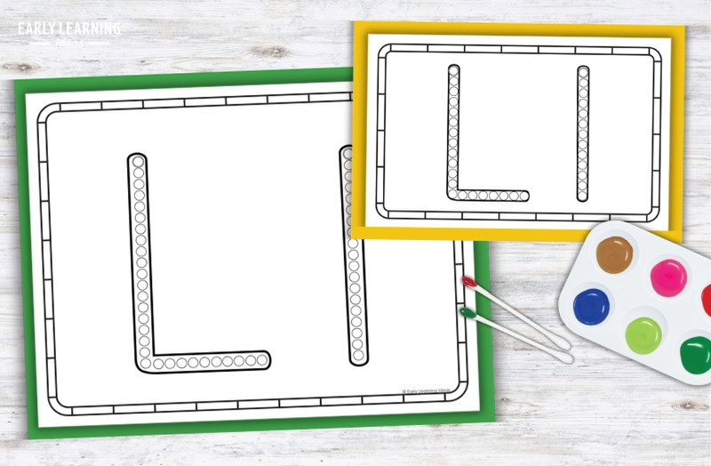 Letter L Q-tip painting printables with dot outlines, paint palette, and cotton swabs for preschool fine motor practice