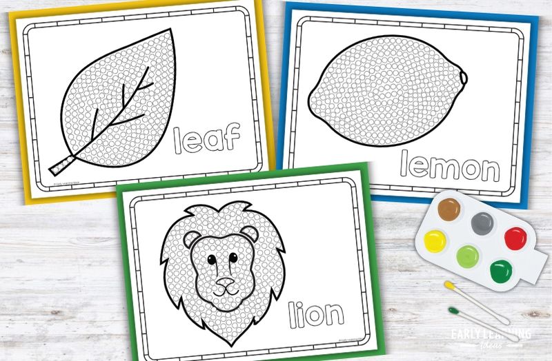 Letter L q-tip painting printables: leaf, lemon, and lion pages for preschool fine motor activities