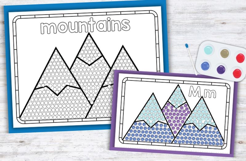 Letter M Q-tip painting mountains printable, preschool fine motor dot art activity with paint palette